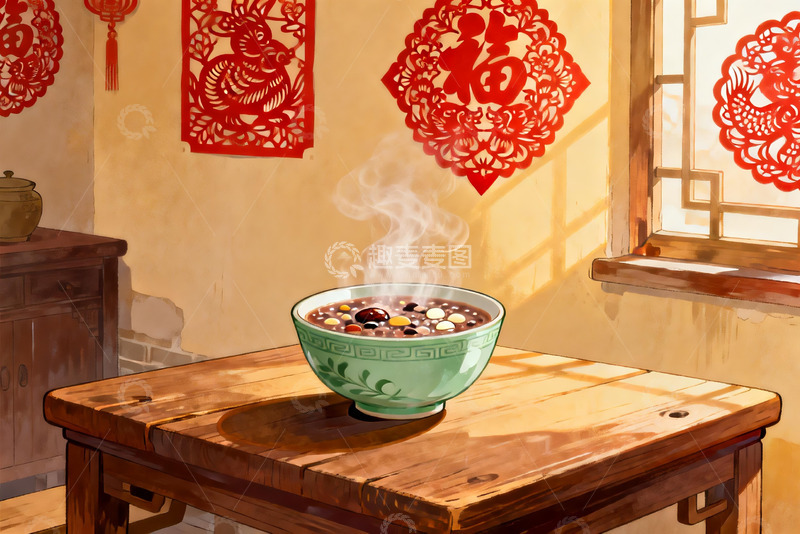 高清大图下载【趣麦麦图】热气腾腾的腊八粥与窗花装饰