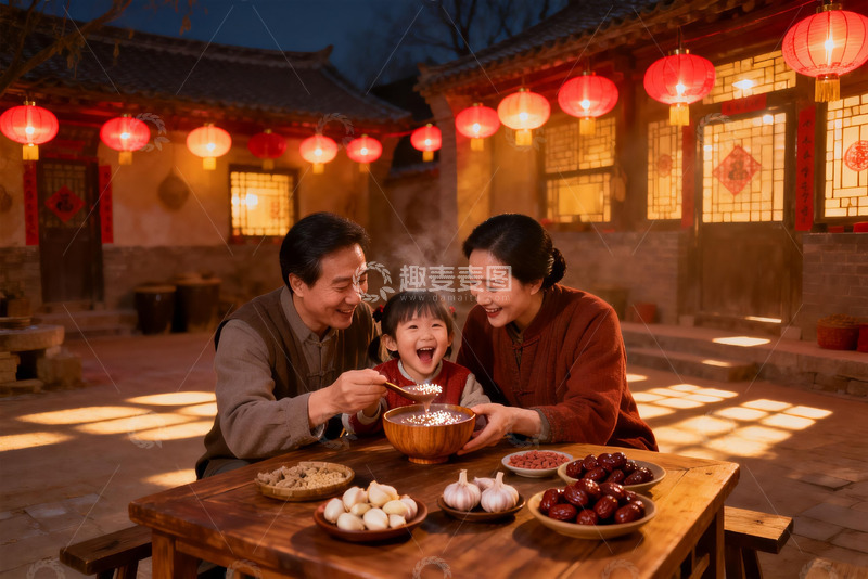 高清大图下载【趣麦麦图】传统庭院家庭聚餐温馨场景