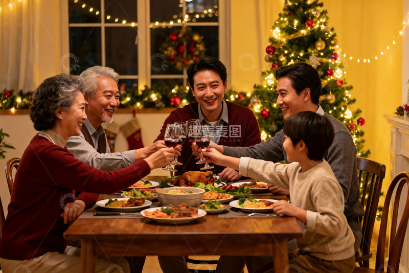 高清大图下载【趣麦麦图】圣诞家庭聚餐举杯欢庆