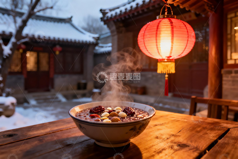 高清大图下载【趣麦麦图】冬日庭院热粥与红灯笼