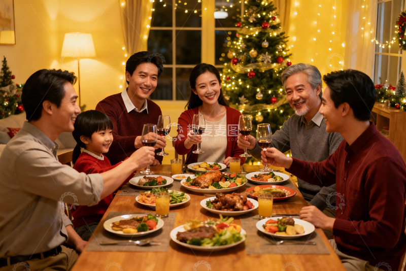 高清大图下载【趣麦麦图】圣诞家庭聚餐温馨举杯