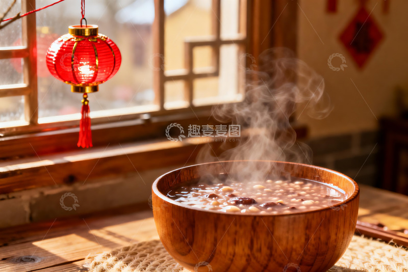 高清大图下载【趣麦麦图】热气腾腾的木碗粥与红灯笼