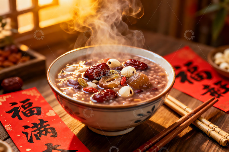 高清大图下载【趣麦麦图】热气腾腾的八宝粥配春联