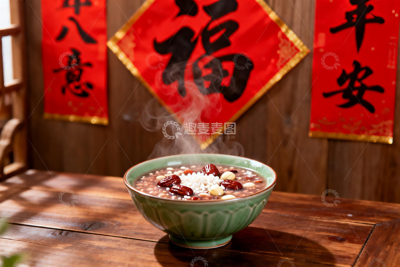 高清大图下载【趣麦麦图】热气腾腾的八宝粥配新年装饰