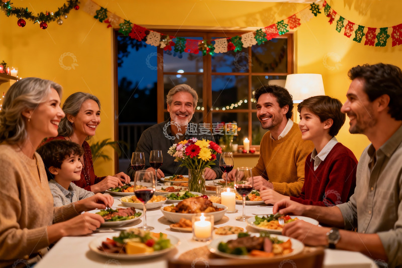 高清大图下载【趣麦麦图】温馨家庭圣诞聚餐场景