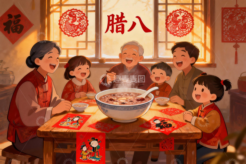 高清大图下载【趣麦麦图】腊八节家庭聚餐其乐融融