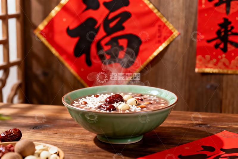 高清大图下载【趣麦麦图】热气腾腾的粥品配红色福字