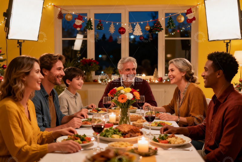 高清大图下载【趣麦麦图】圣诞家庭聚餐温馨场景