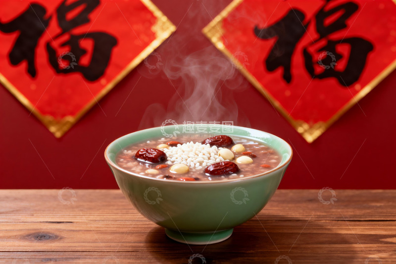 高清大图下载【趣麦麦图】热气腾腾的腊八粥配福字