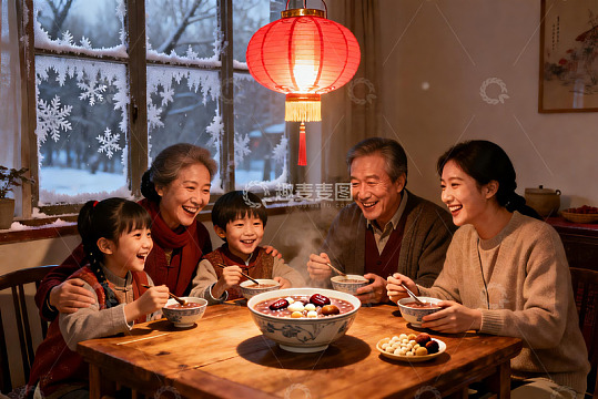 温馨家庭冬日聚餐吃汤圆