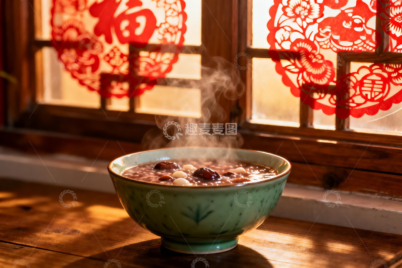 高清大图下载【趣麦麦图】热气腾腾的粥与窗花剪纸