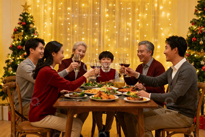 高清大图下载【趣麦麦图】圣诞家庭聚餐举杯欢庆