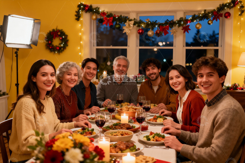 高清大图下载【趣麦麦图】圣诞家庭聚餐温馨场景