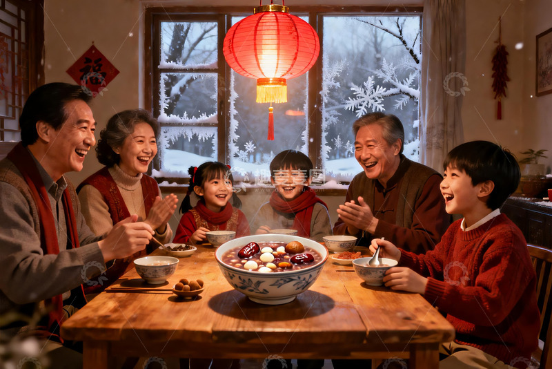 高清大图下载【趣麦麦图】温馨家庭围坐餐桌共庆佳节