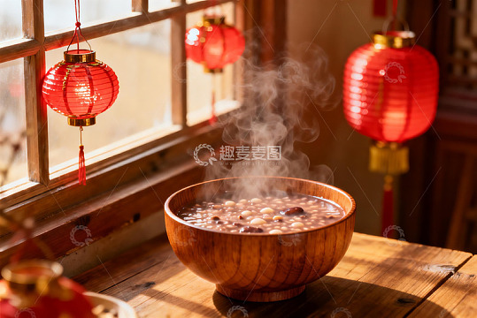 热气腾腾的木碗粥品