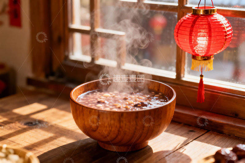 高清大图下载【趣麦麦图】热气腾腾的木碗粥与红灯笼