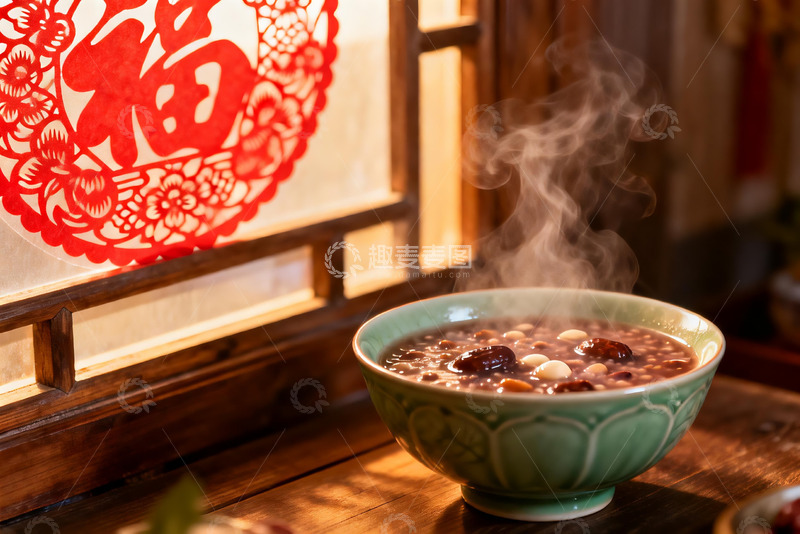 高清大图下载【趣麦麦图】热气腾腾的八宝粥与窗花
