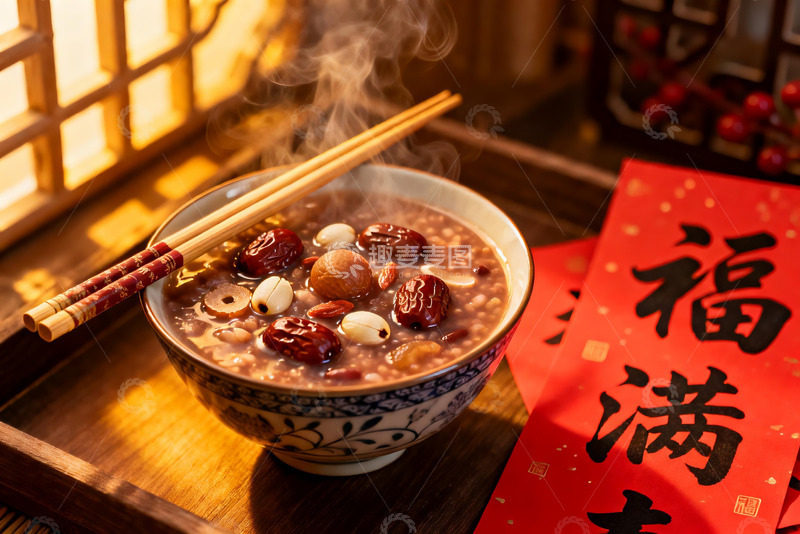 高清大图下载【趣麦麦图】热气腾腾的八宝粥配春联