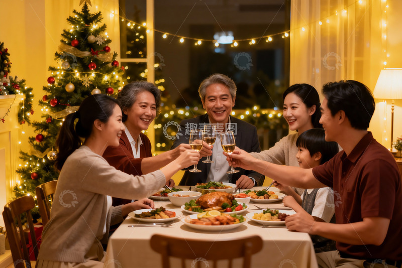 高清大图下载【趣麦麦图】圣诞家庭聚餐举杯欢庆