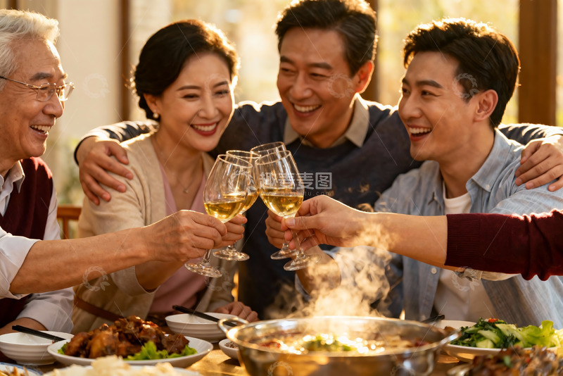 高清大图下载【趣麦麦图】三代同堂家庭聚餐举杯欢庆