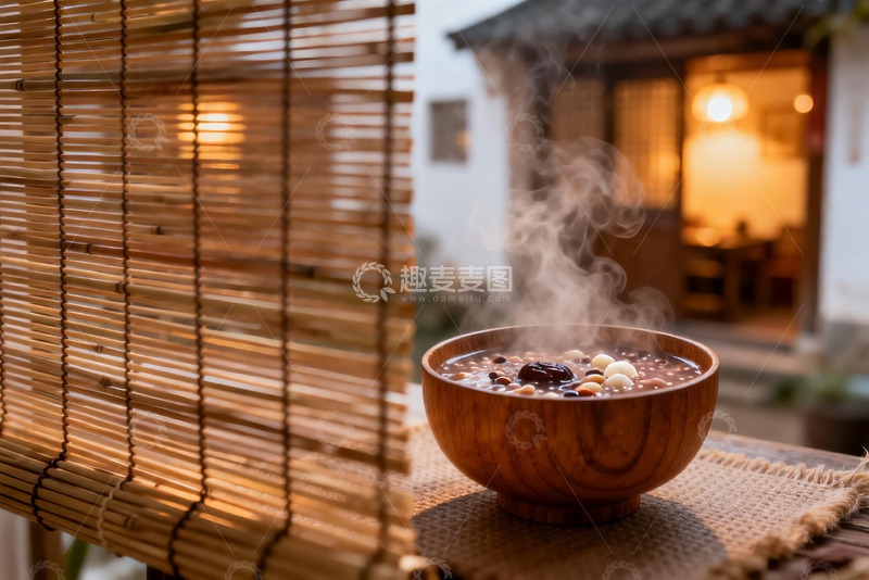 高清大图下载【趣麦麦图】热气腾腾的木碗食物与竹帘