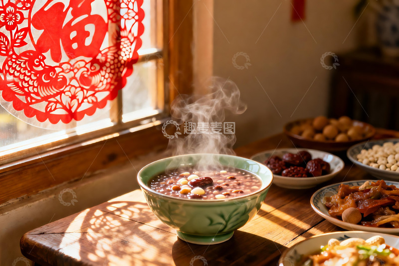 高清大图下载【趣麦麦图】窗边热气腾腾的粥与年味装饰
