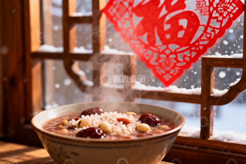 高清大图下载【趣麦麦图】窗边热粥配红色剪纸