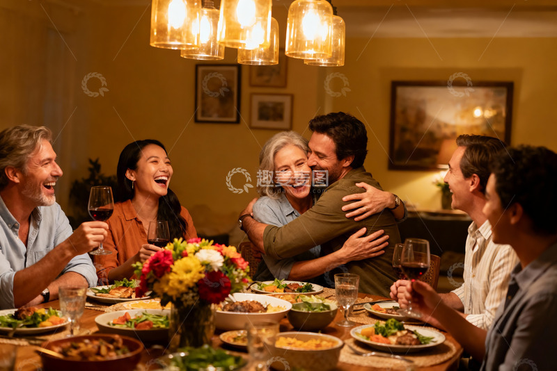 高清大图下载【趣麦麦图】家庭聚餐欢笑拥抱温馨场景