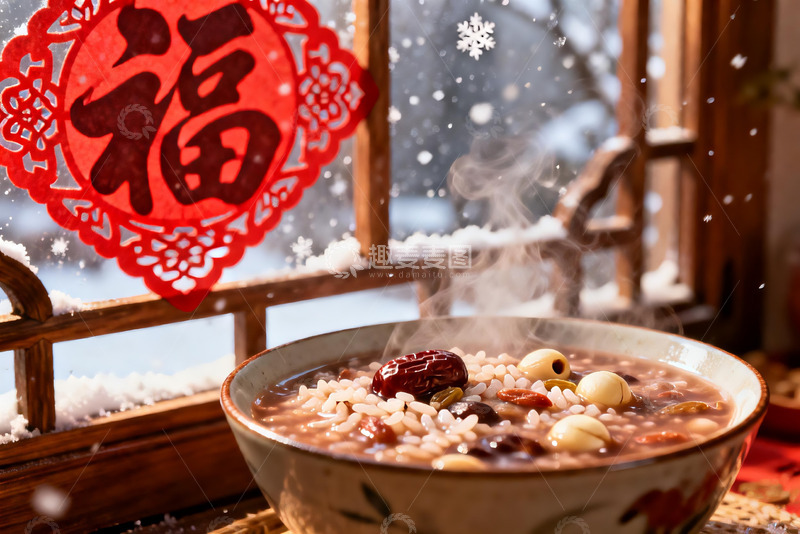 高清大图下载【趣麦麦图】窗边热粥配福字剪纸雪景