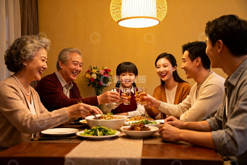 高清大图下载【趣麦麦图】三代同堂家庭聚餐温馨场景