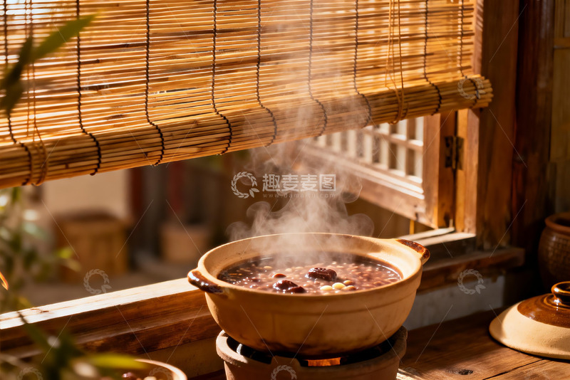 高清大图下载【趣麦麦图】窗边热气腾腾的砂锅粥