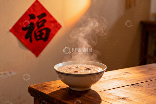热气腾腾的粥与福字装饰
