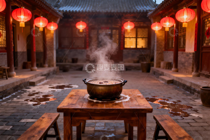 高清大图下载【趣麦麦图】古院红灯笼下热气腾腾的火锅