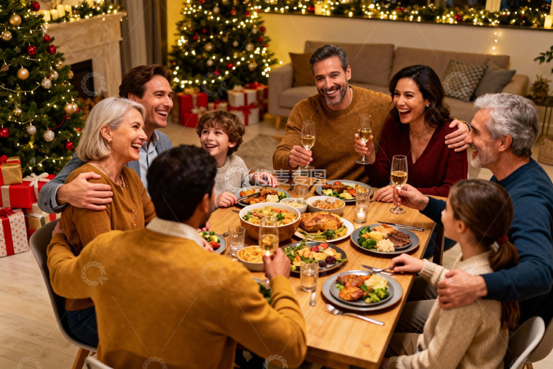 高清大图下载【趣麦麦图】圣诞家庭聚餐欢庆时刻