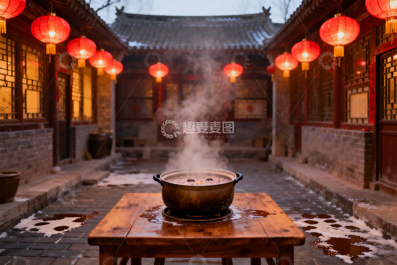 高清大图下载【趣麦麦图】古巷红灯笼下热气腾腾的火锅