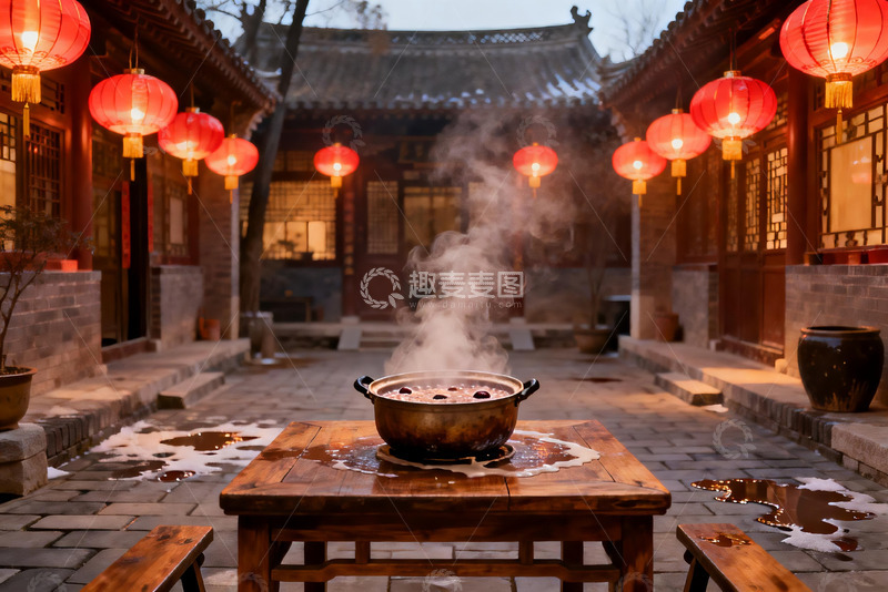 高清大图下载【趣麦麦图】古院红灯笼火锅热气腾腾