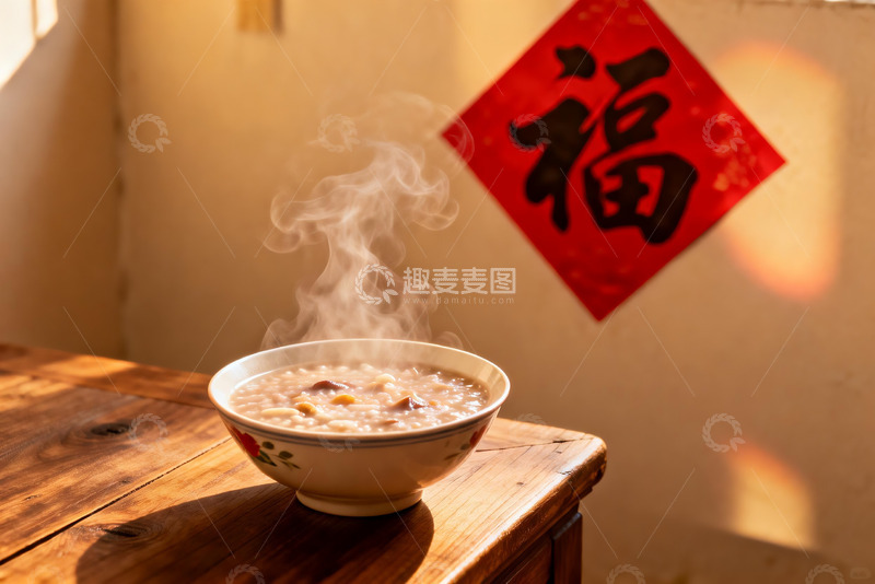 高清大图下载【趣麦麦图】热气腾腾的粥与福字装饰