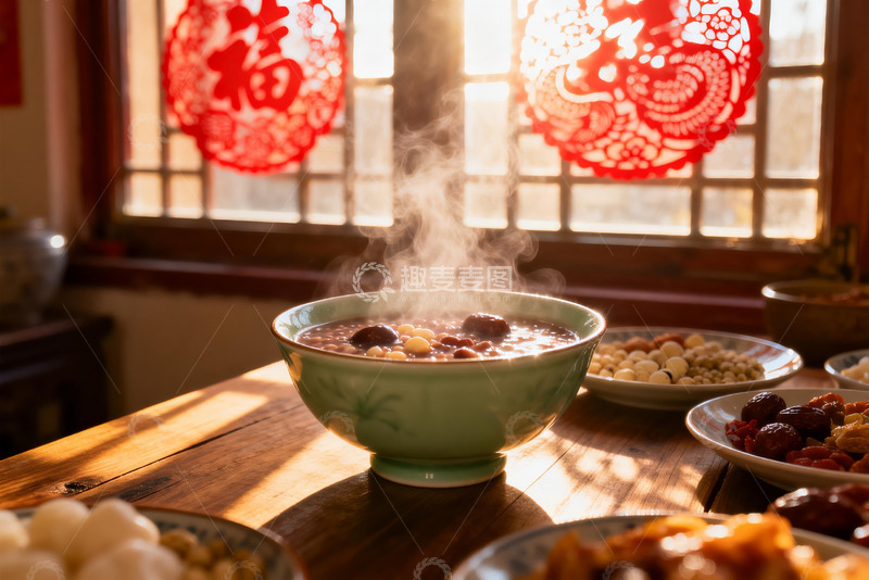 高清大图下载【趣麦麦图】热气腾腾的粥与窗花装饰