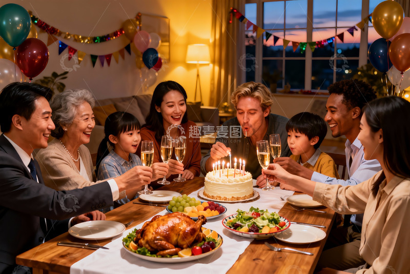 高清大图下载【趣麦麦图】家庭聚餐欢庆生日温馨场景