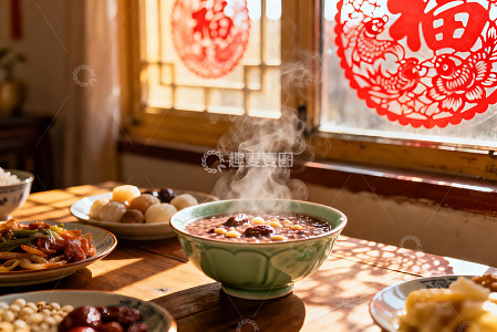 春节窗前热气腾腾的家常美食