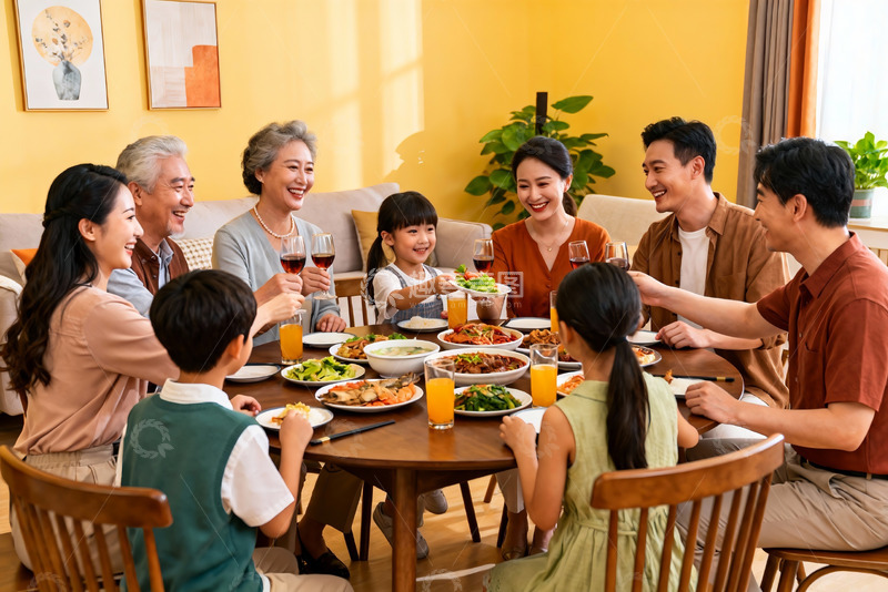 高清大图下载【趣麦麦图】三代同堂家庭聚餐温馨场景