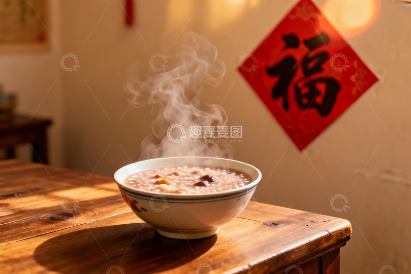 高清大图下载【趣麦麦图】热气腾腾的粥碗与福字装饰