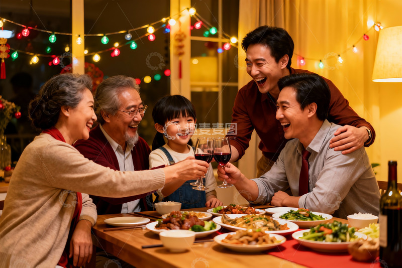 高清大图下载【趣麦麦图】温馨家庭聚餐举杯欢庆