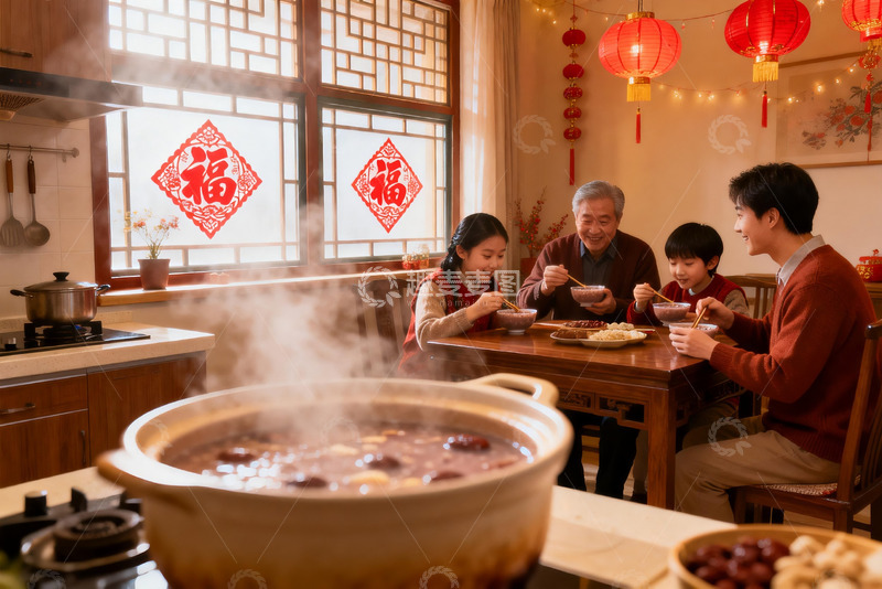高清大图下载【趣麦麦图】温馨家庭除夕夜围炉共餐