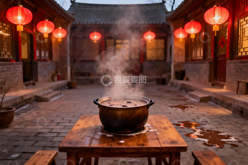 高清大图下载【趣麦麦图】古院红灯笼下热气腾腾的锅