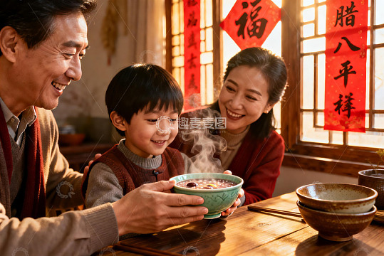 温馨家庭共进热粥晚餐