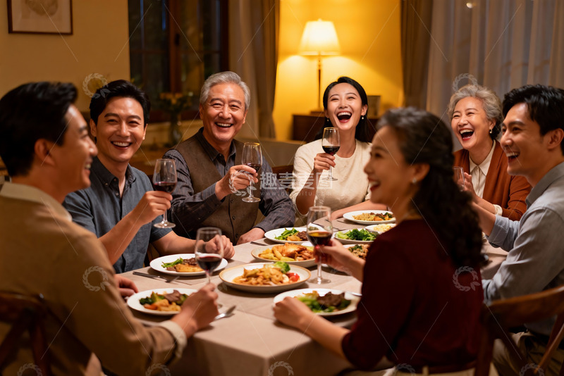 高清大图下载【趣麦麦图】家庭聚餐欢笑举杯其乐融融