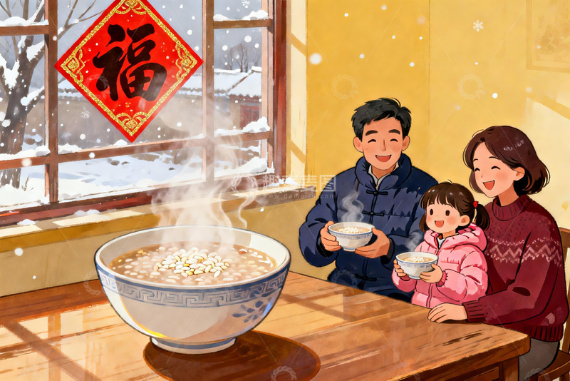高清大图下载【趣麦麦图】冬日家庭吃粥温馨场景