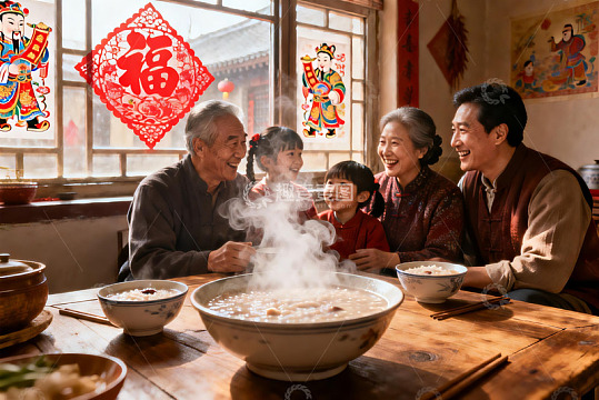 三代同堂围坐餐桌享团圆饭