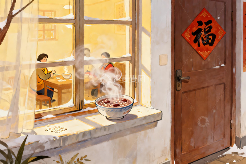 高清大图下载【趣麦麦图】冬日窗边家人围坐吃粥